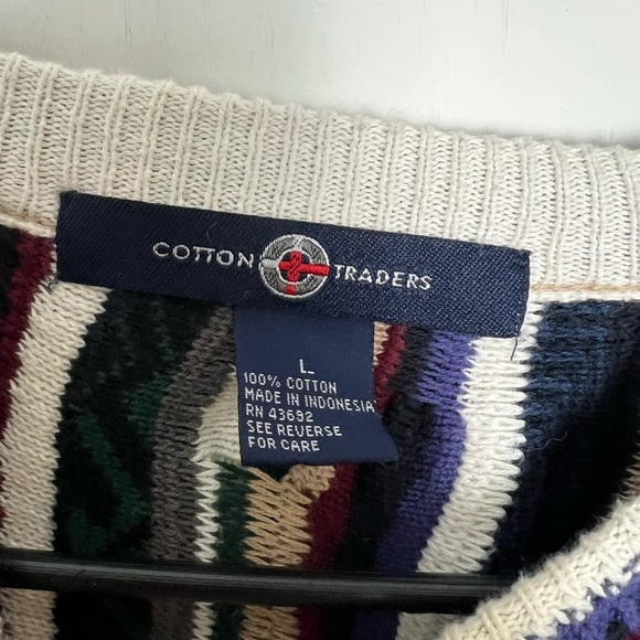 Cotton Traders Blue and Green Crewneck Sweater with Textured Stripes - Picture 6 of 6